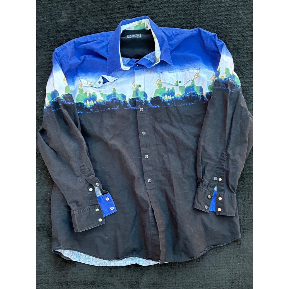 Roper Mens Western Snap Shirt XXL Black Blue Ombre Cowboy Lasso Graphic Print